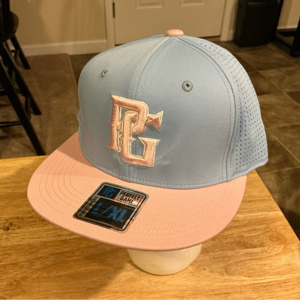 Perfect Game Logo Fitted L/XL Hat - Powder Blue & Pink NWTs